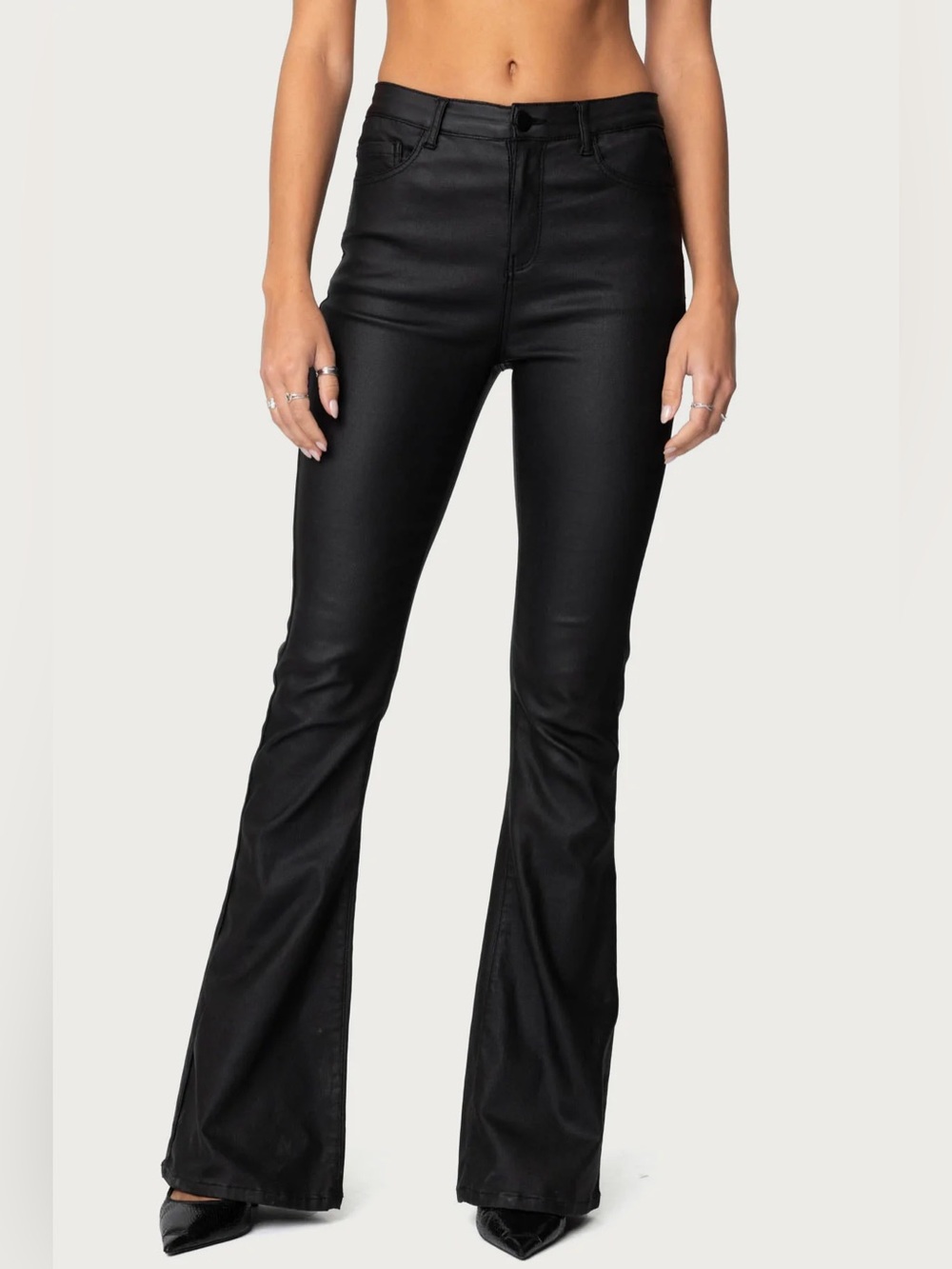 Edikted Luna Faux Leather Coated Flare Jeans in Black - Size Small